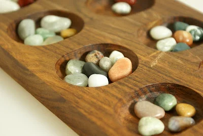 Wood Mancala Board with Polished Stones